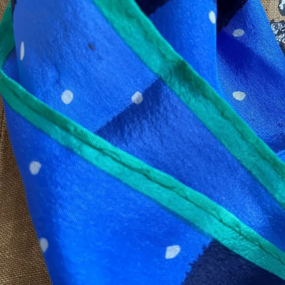 Vintage 1970s Vera Neumann Blue Tone Striped Polka Dot Print 100% Silk Long Scar